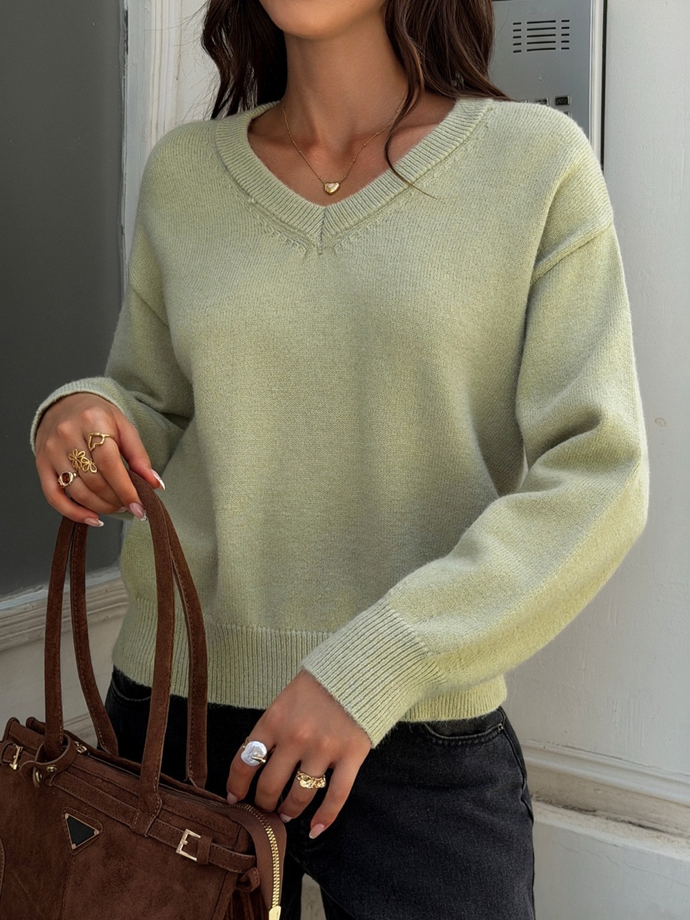 V-Neck Ribbed Hem Sweater